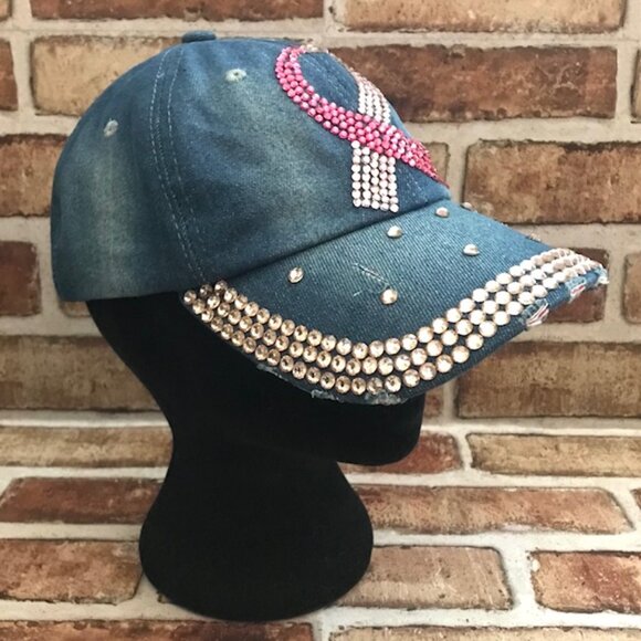 WOMEN'S BREAST CANCER AWARENESS PINK RIBBON BLING DISTRESSED DENIM BASEBALL CAP - Picture 3 of 8